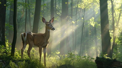 A graceful deer standing in a misty forest clearing at dawn, with sunlight filtering through the trees