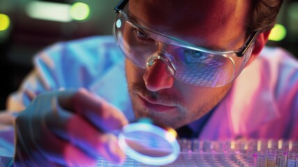 Geneticist analyzing DNA microarray chip under magnifying glass in laboratory