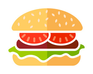 Burger flat icon. Hamburger with tomato and lettuce sign. Fast food symbol. Food logo color illustration.