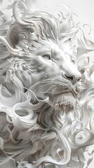 A white lion made of swirling smoke, close-up headshot, 3D style, digital art, intricate details, high resolution, surrealism, hyper-realistic