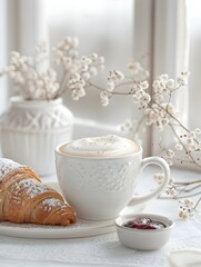 Steaming Mug of Coffee with Flaky Croissant and Jam on Minimalist Scandinavian Table