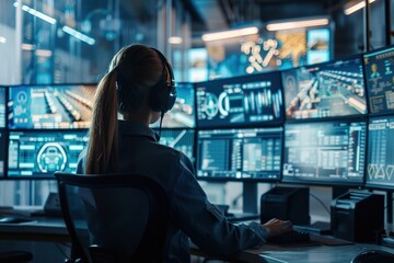 Security specialist working at control center with many computer screens