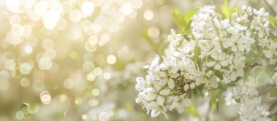 White flowered trees and shrubs in a spring garden with a blurred background for a copy space image