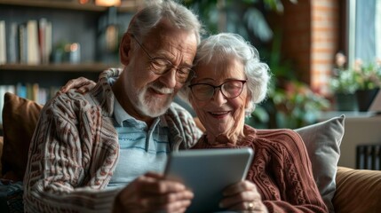Senior couple laughing and using tablet computer at home.