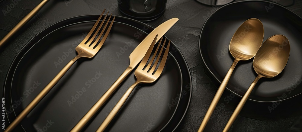 Poster elegant gold cutlery on black plates creates a stunning display with a sophisticated touch the image