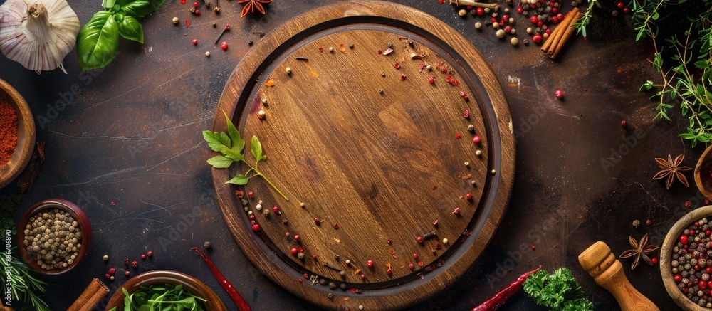 Poster top view of a round wooden cutting board surrounded by various spices and herbs on a dark brown back