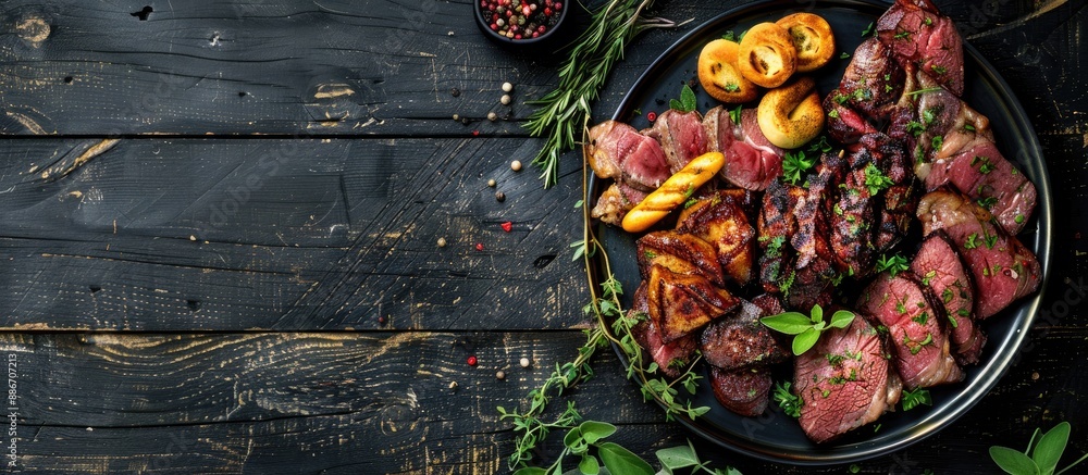 Poster aerial view of a delectable meat platter with fresh herbs and breadsticks displayed on a dark wooden