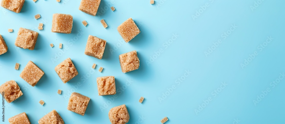 Poster Top view of brown sugar cubes on a light blue background with copy space image