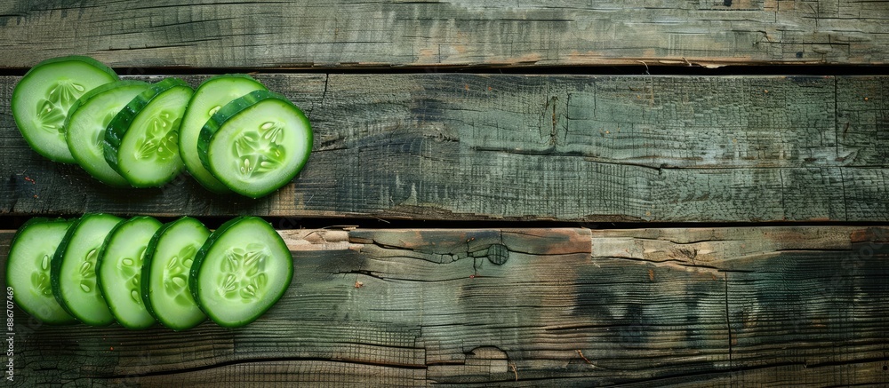 Aufkleber cucumber slices arranged on a wooden surface with copy space image