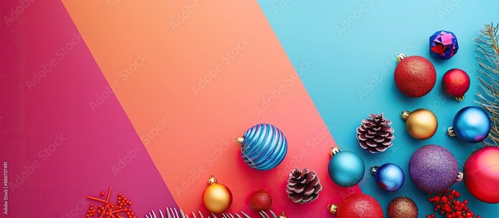 Poster top view composition of christmas decorations on a colorful background with copy space image for tex