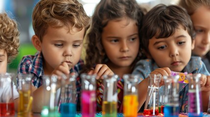 A group of children engaged in a fun science experiment, with colorful liquids and test tubes
