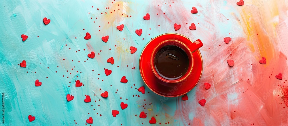 Poster top view of a red cup surrounded by small red hearts on a colorful background offering ample copy sp