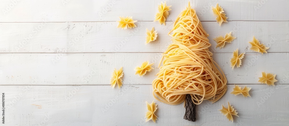 Poster raw noodles arranged in the form of a pine tree on a white wooden surface with plenty of copy space 