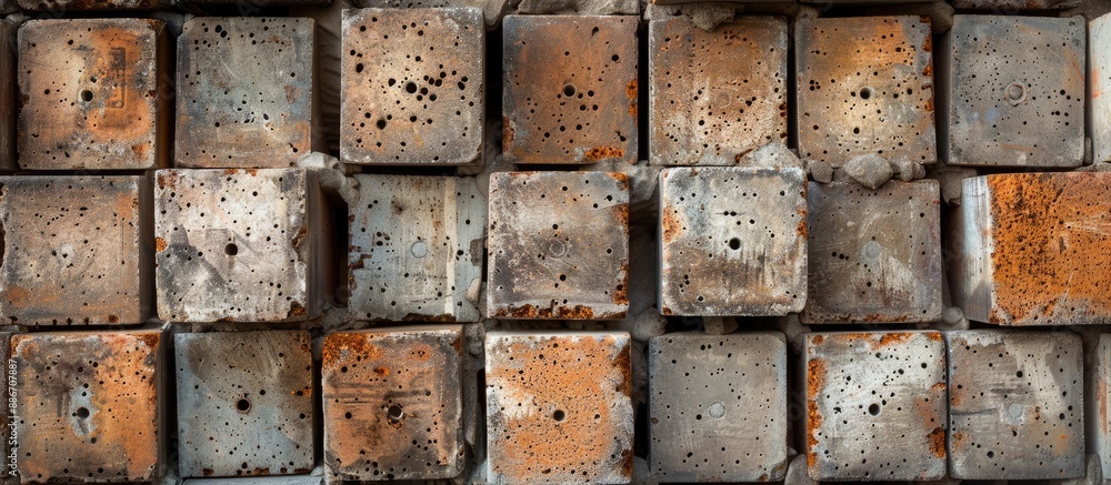 Poster a stack of hollow bricks arranged at a construction site forming a textured abstract square of squar