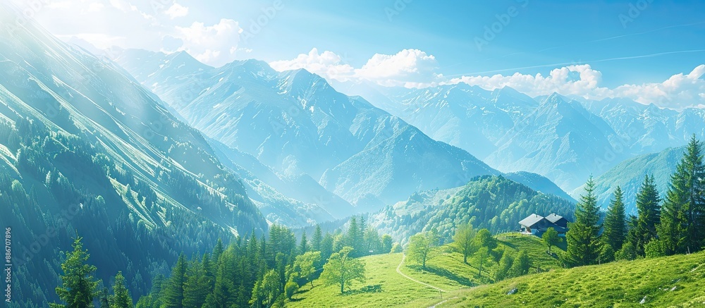 Poster scenic mountain view with a charming lodge green trees on mountain sides under a clear blue sky with