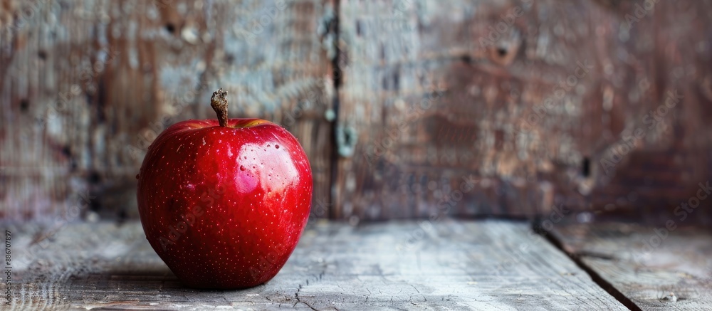 Poster a single red apple stands against a rustic wooden backdrop in the copy space image