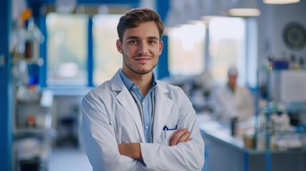 Fototapeta premium Smiling scientist in lab coat with arms crossed, confident and professional.