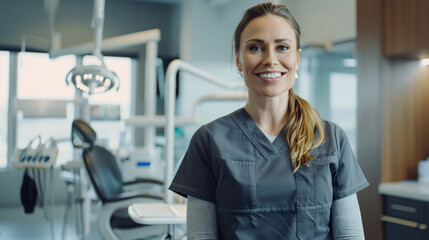  an attractive female dentist in her mid-thirties standing and smiling at the camera, wearing grey scrubs while facing forward from behind with a modern dental office background, full body shot