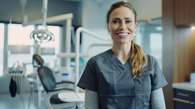 an attractive female dentist in her mid-thirties standing and smiling at the camera, wearing grey scrubs while facing forward from behind with a modern dental office background, full body shot