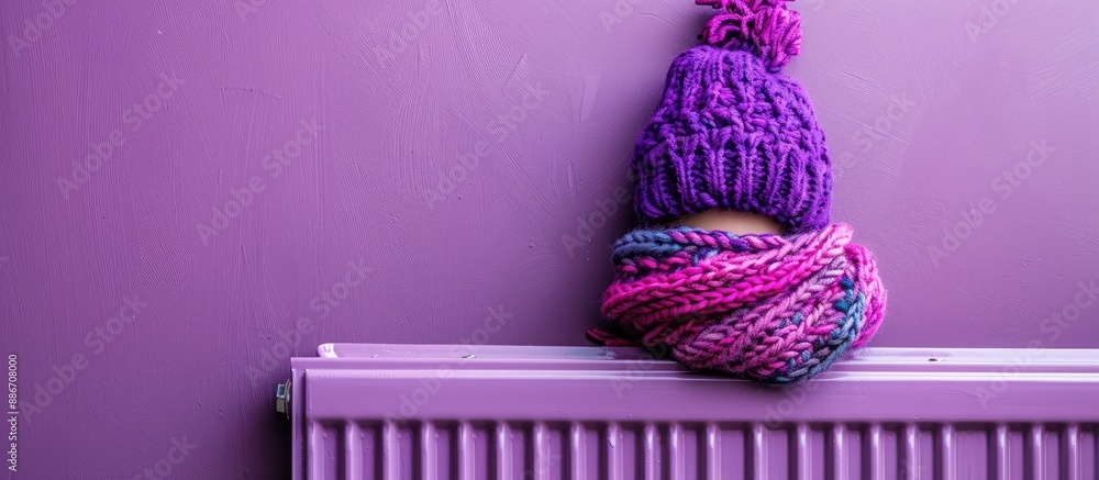 Poster a knitted hat and scarf placed on a heating radiator with a violet wall backdrop provide a charming 