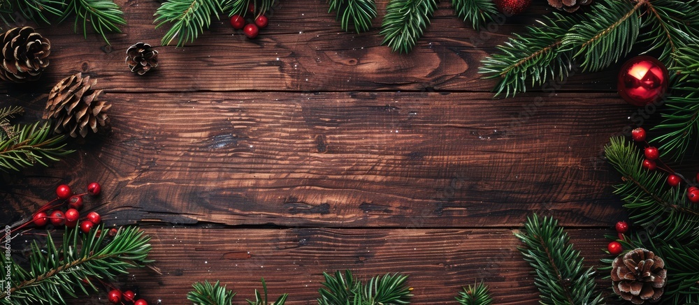 Aufkleber flat lay composition of fir tree branches and festive decorations on a wooden background designed fo