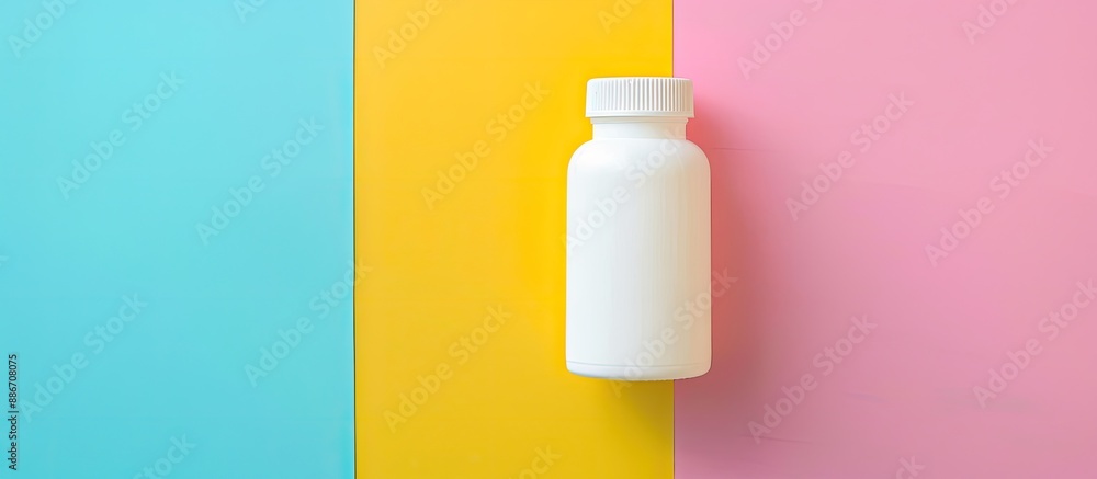 Poster white pill bottle placed on a colorful background with ample copy space image available