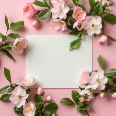 Greeting card template with flowers on a light pink background, flat lay style, springtime charm, ample copy space, ideal for wedding, Mothers Day, or Womens Day