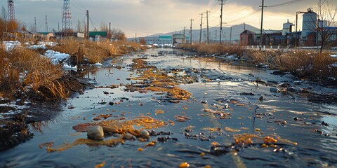 Industrial wastewater spill contaminating rivers, affecting wildlife and human health, demonstrating the consequences of industrial negligence