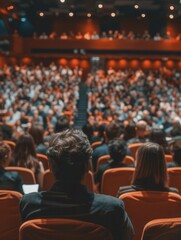 Rear view of people in audience at the conference hall, Speaker giving a talk in conference hall at business event