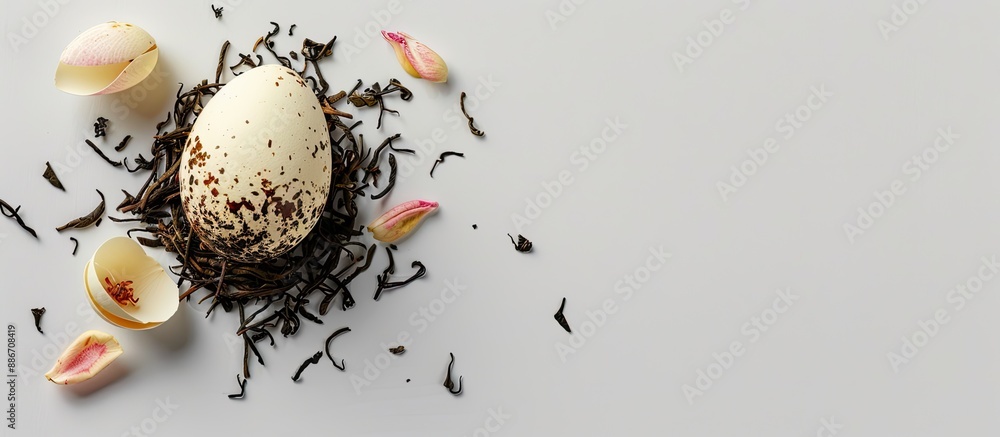 Poster a charming easter themed quote and an easter egg crafted from dried tea leaves set against a white b