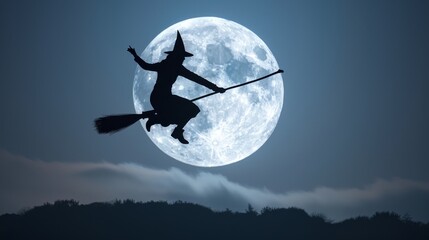 Obraz premium Happy Halloween Witch Flying on Broomstick Against Full Moon