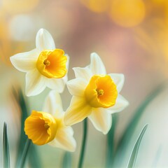 Fototapeta premium Yellow daffodils on light cream bokeh background. Beautiful spring nature. daffodils in the garden. Generative IA