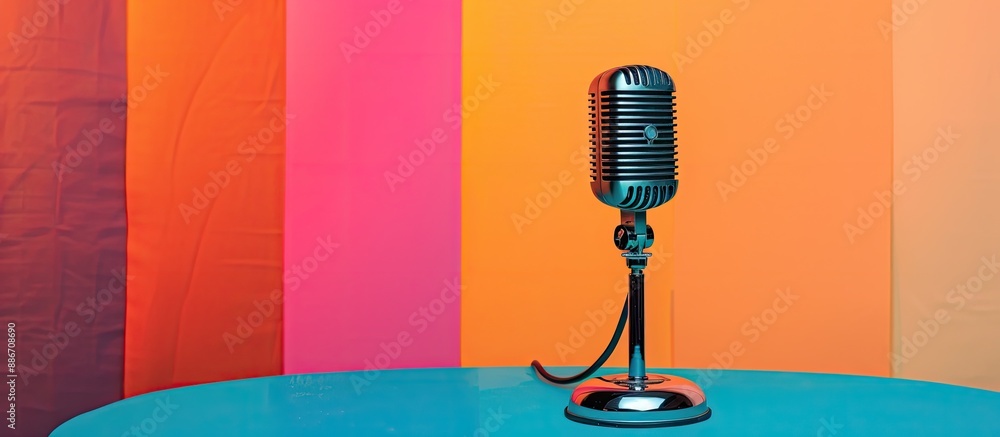 Poster microphone placed on table with copy space image near colorful wall