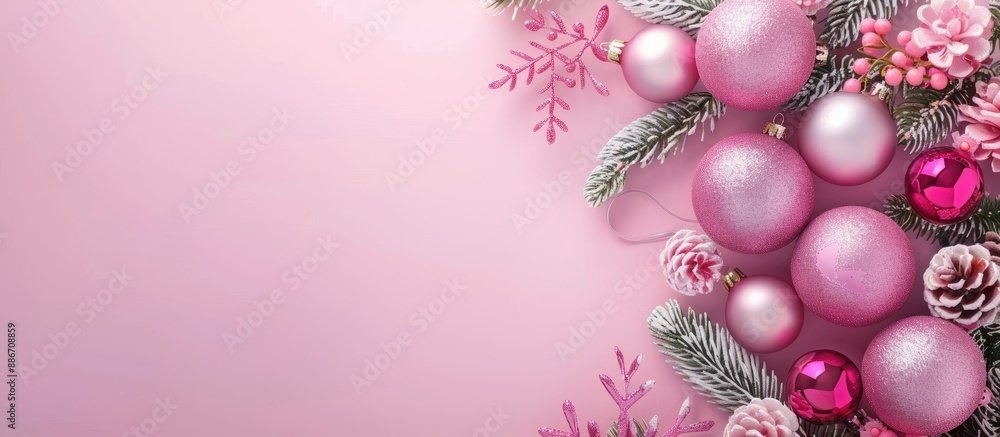 Poster holiday backdrop featuring pink christmas decorations and a blank space for text or images. copy spa