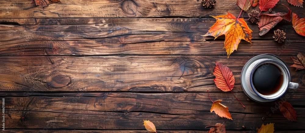 Poster Top down view of a wooden table adorned with a coffee cup autumn leaves and a designated area for incorporating additional content in the form of a copy space image