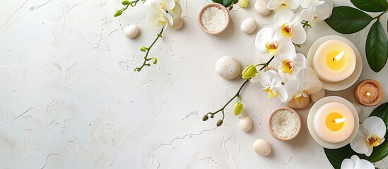 Top view image with a spa setting for a massage featuring candles orchids and a white background offering a frame with space for text or images. Copy space image. Place for adding text and design