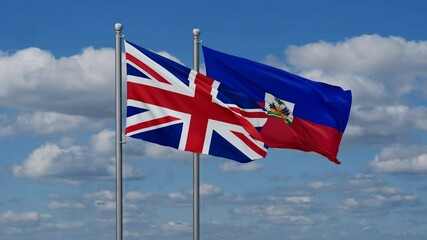 Haiti and United Kingdom flags flying together, video concept of the relationship, two country relations concept - Powered by Adobe