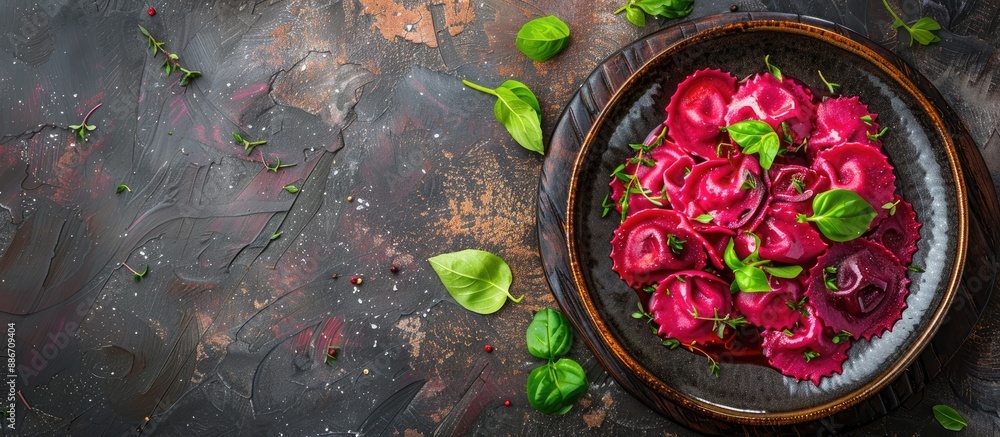 Poster beetroot ravioli dish with vibrant red pasta on a plate as an appetizing meal with a rustic backgrou