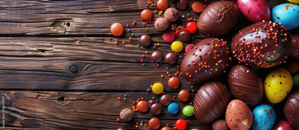 Poster background with a menu concept showcasing chocolate egg and candy easter decorations viewed from the
