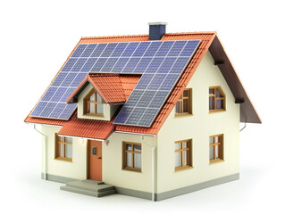 Miniature house model with solar panel on the roof. Isolated on white background. smart home energy saving concept