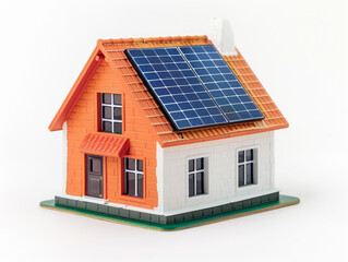 Miniature house model with solar panel on the roof. Isolated on white background. smart home energy saving concept