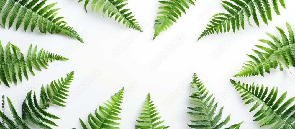Poster a summer themed image featuring lush tropical fern leaves set against a plain white background ideal