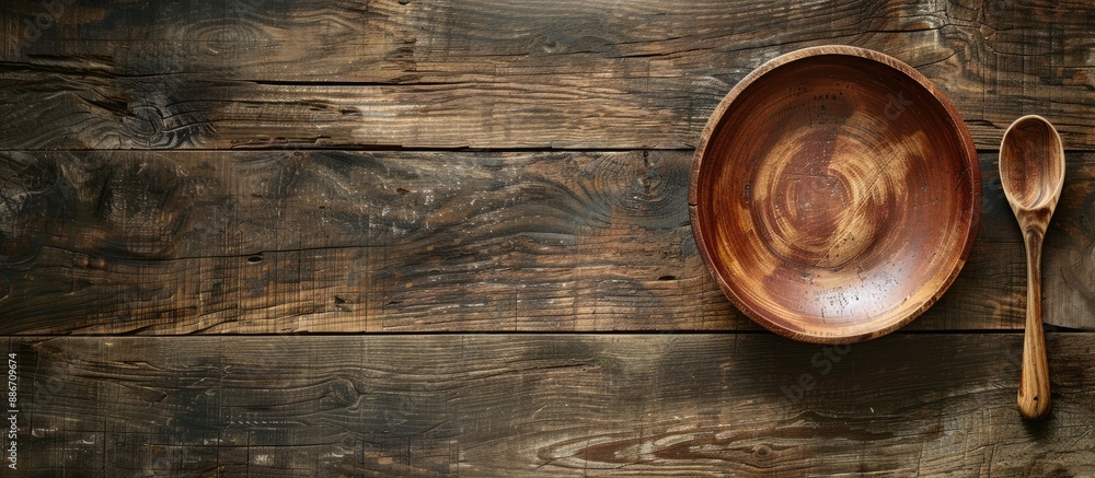 Poster an old wooden table with a plate and a wooden spoon on it providing a rustic backdrop for a mealtime