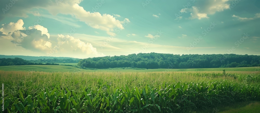 Poster a serene landscape with a lush cornfield in the background providing a scenic view with ample copy s