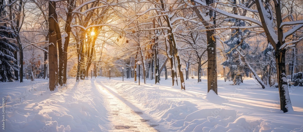 Poster snow covered trees in a sunny winter park setting with a clear path on the sidewalk for leisurely st