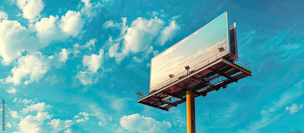 Poster billboard displayed against blue sky with clipping path for copy space image