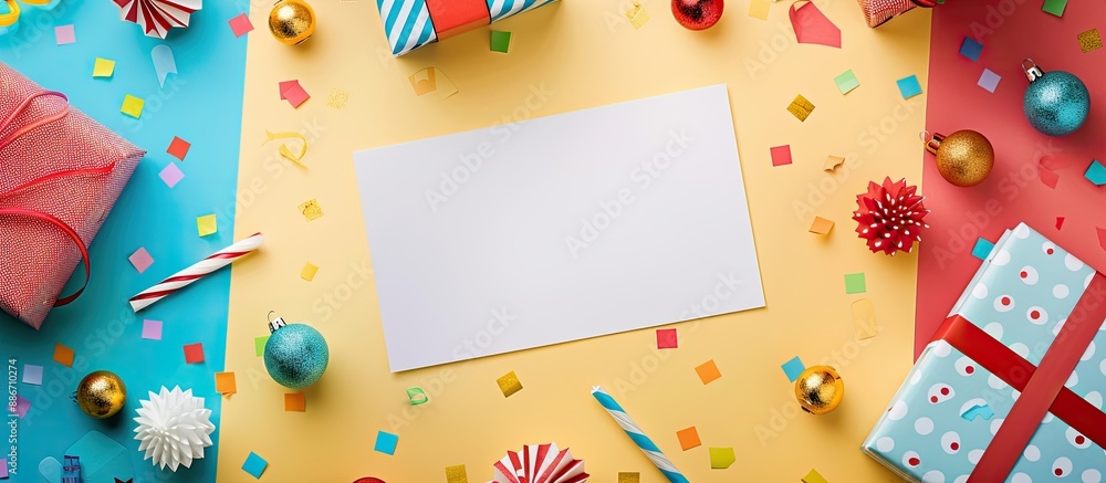 Poster a festive design with a blank card and birthday decorations displayed on a vivid backdrop with copy 