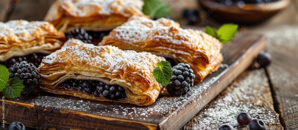 Poster blackberry puff pastry dusted with sugar on a wooden backdrop with room for text or images. copy spa