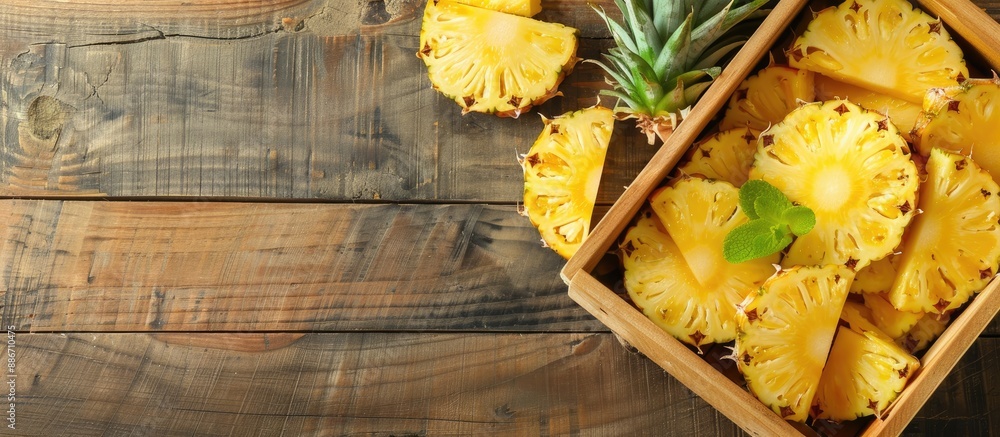 Aufkleber flat lay of delicious pineapple slices in a wooden crate on a table with room for writing next to it