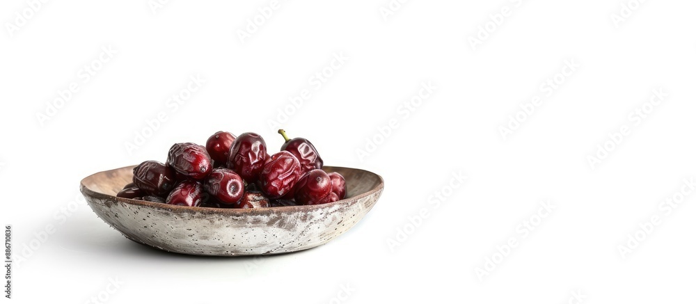 Poster medjool date fruit displayed on a white background on a rustic serving plate creating an isolated co
